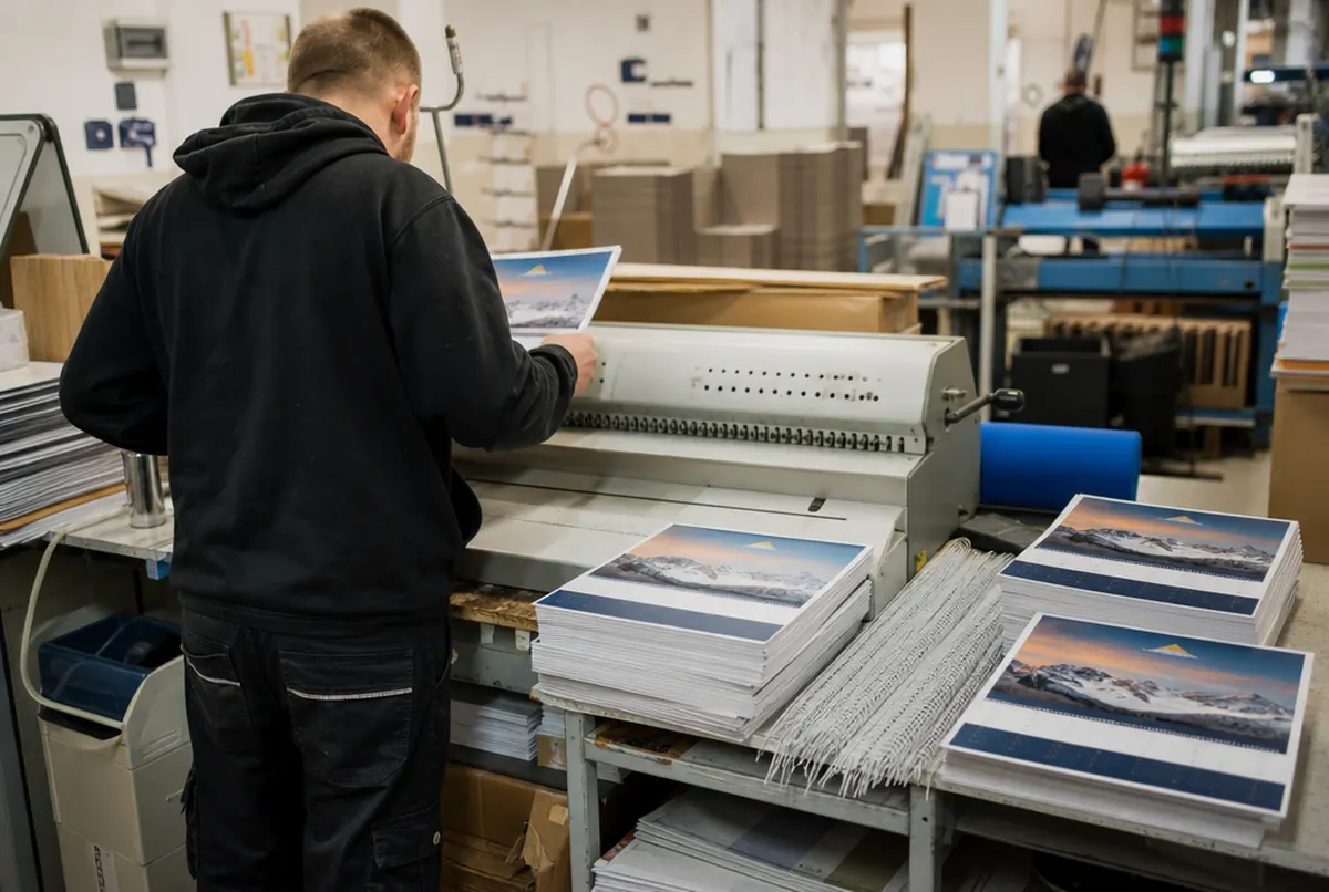 Binding A3 wall calendars with a spiral binding machine in the finishing room