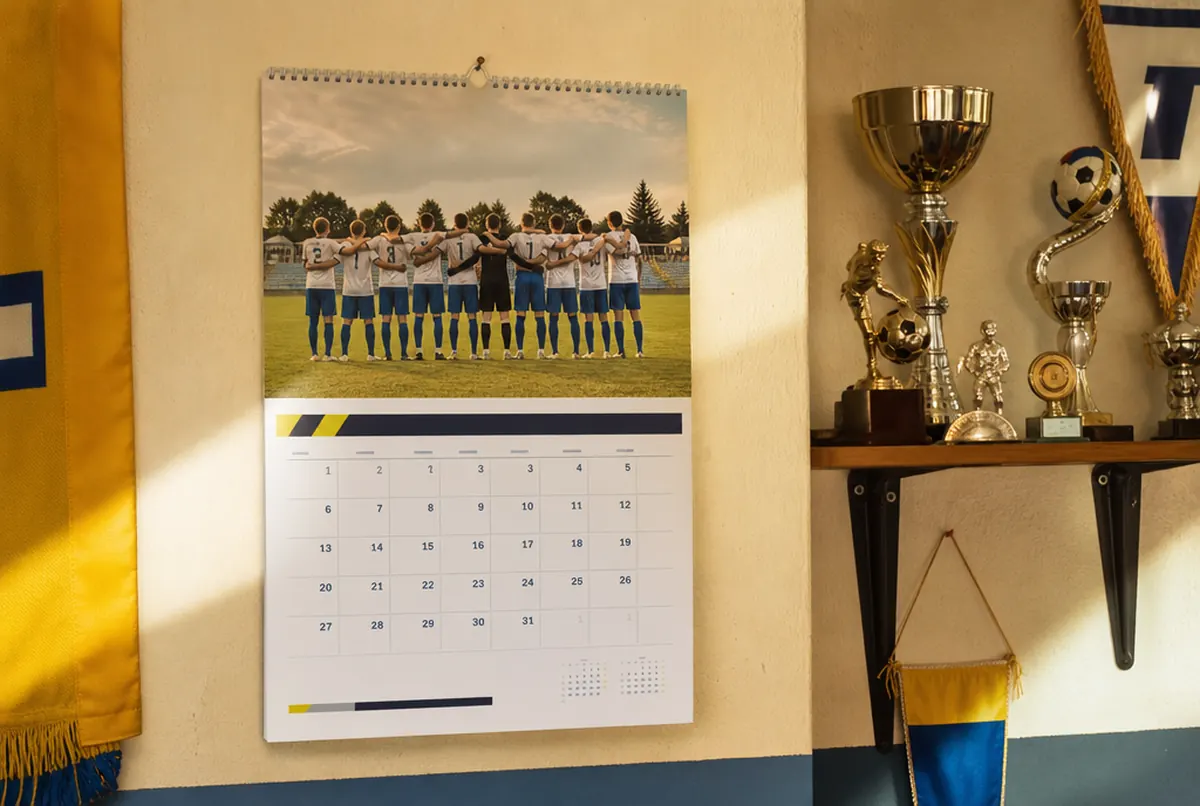 Sports club wall calendar with a team photo next to trophies