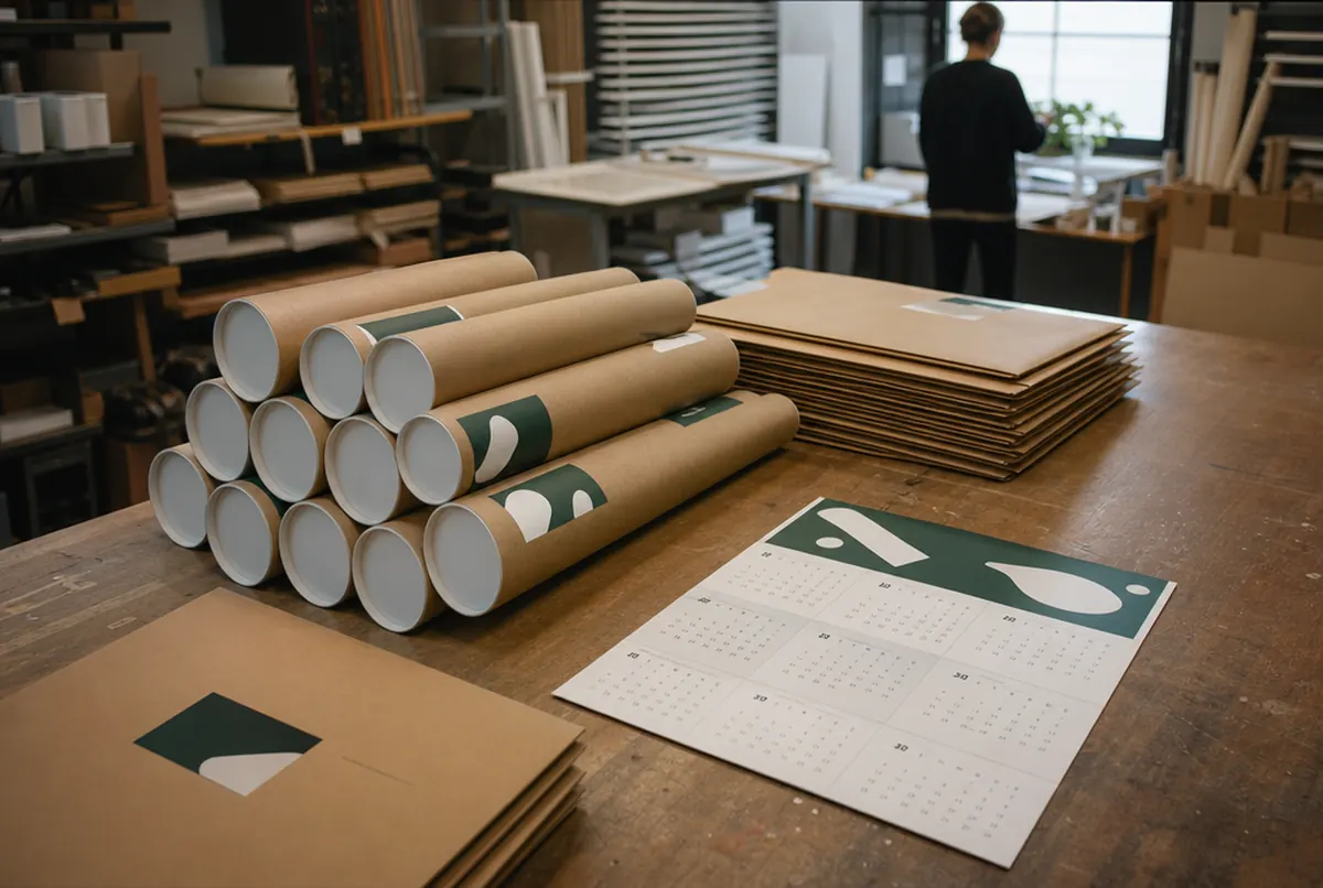 Three-part calendars packed for mailing to clients on a table