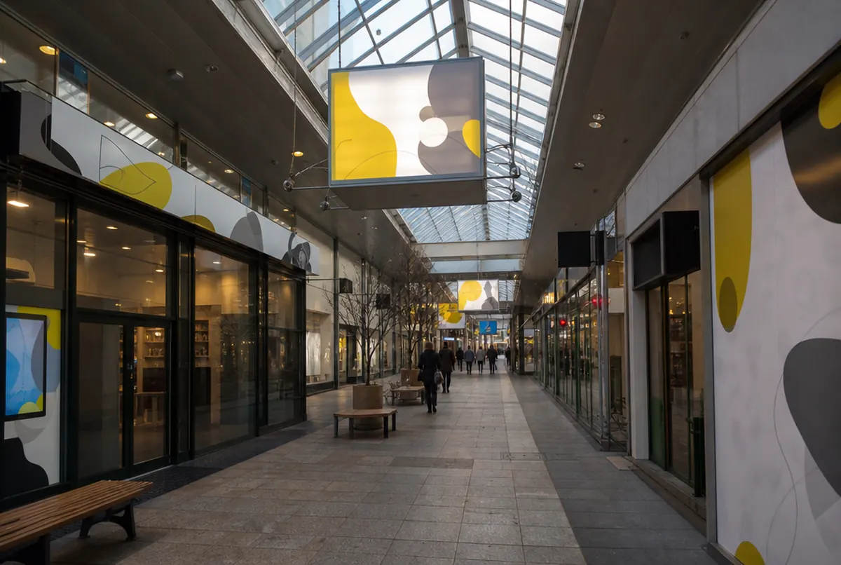 Double-sided lightbox suspended on cables from the ceiling of a shopping arcade