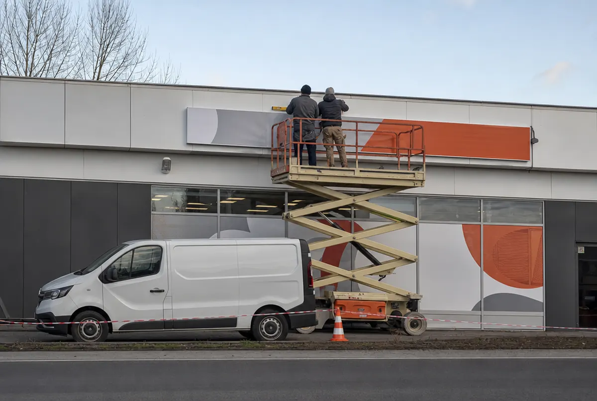 Monteure auf einer Hebebühne bringen einen flachen Leuchtkasten an einer Ladenfassade an