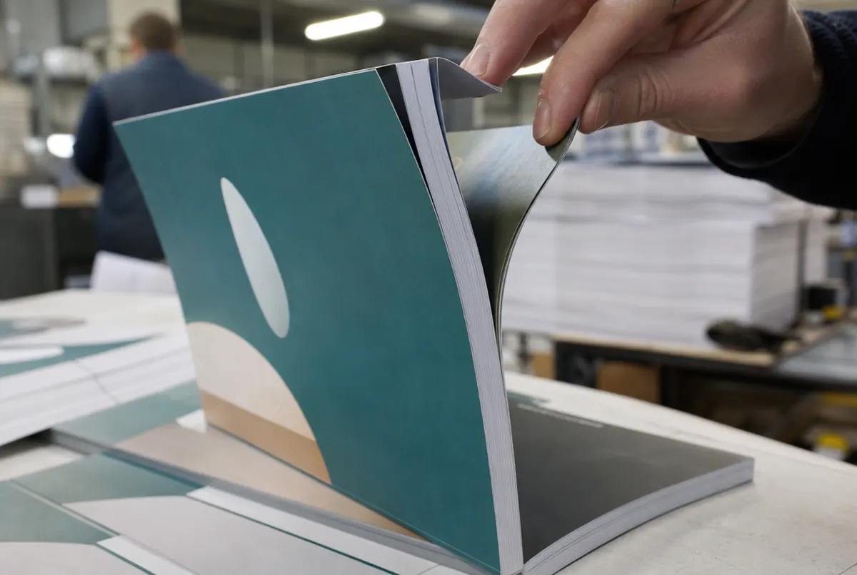 Gros plan du dos collé d'un catalogue et de ses pages bien massicotées