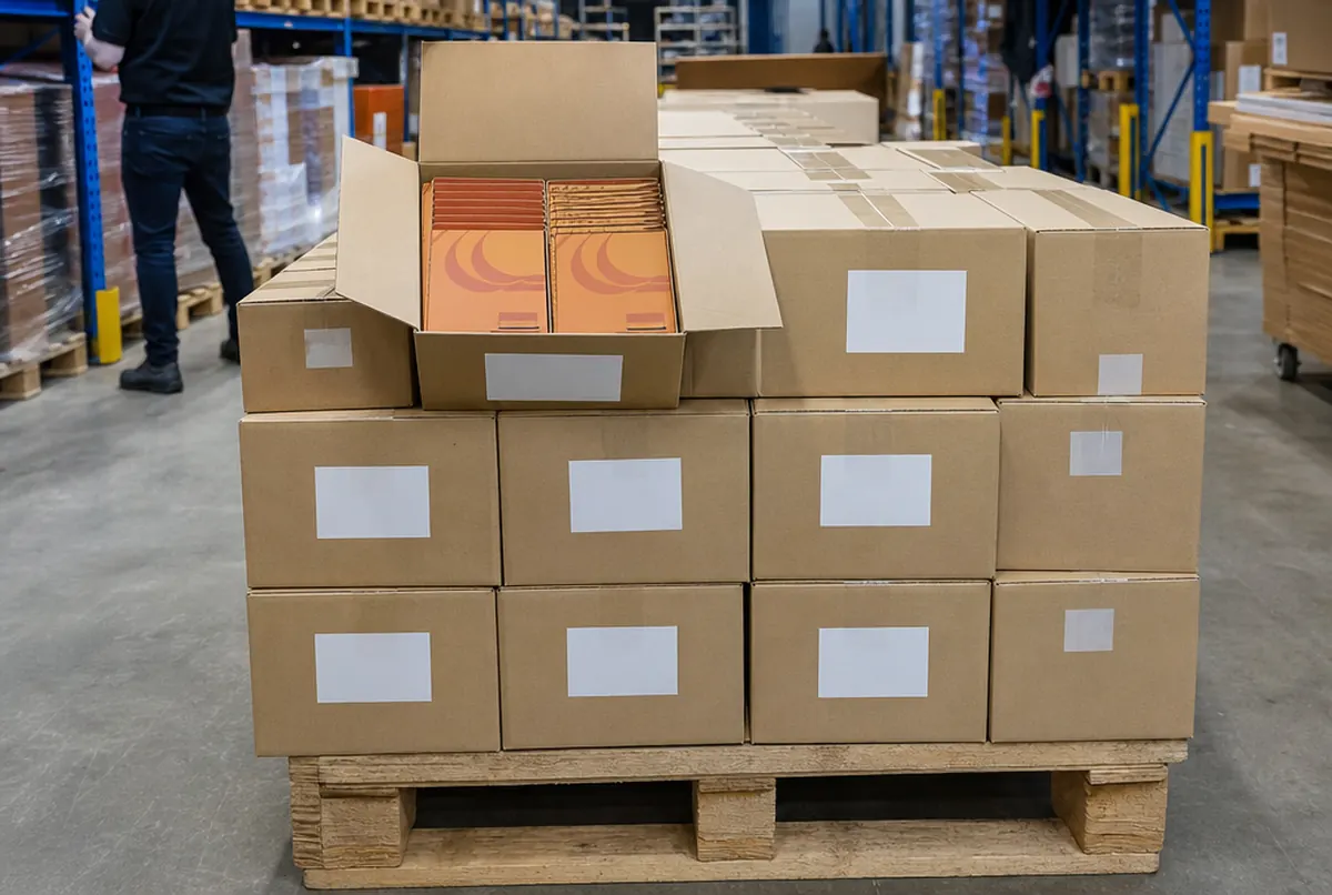 Cartons de catalogues sur palette, prêts à partir vers les agences