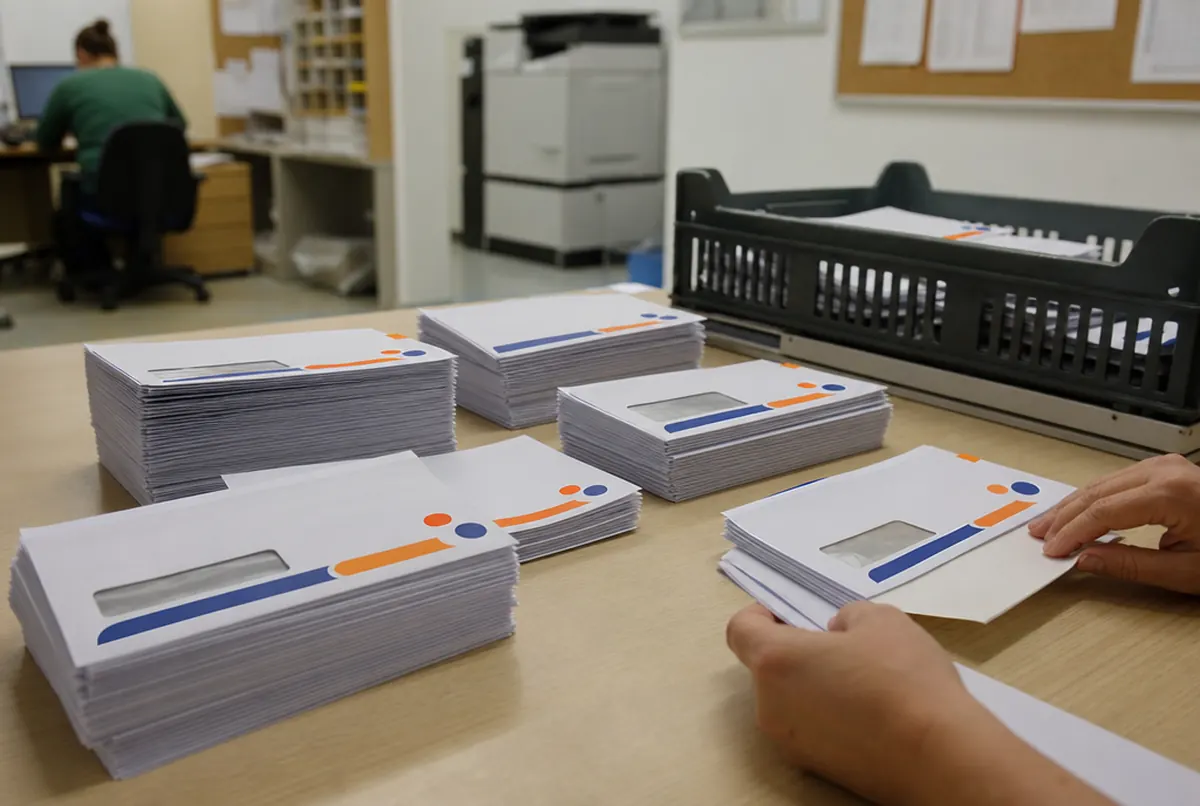 DL window envelopes with a printed logo as letters are inserted in an office
