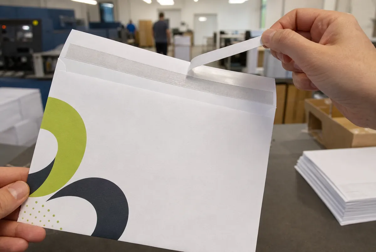 Close-up of a C5 envelope with a peel-and-seal strip and colour print