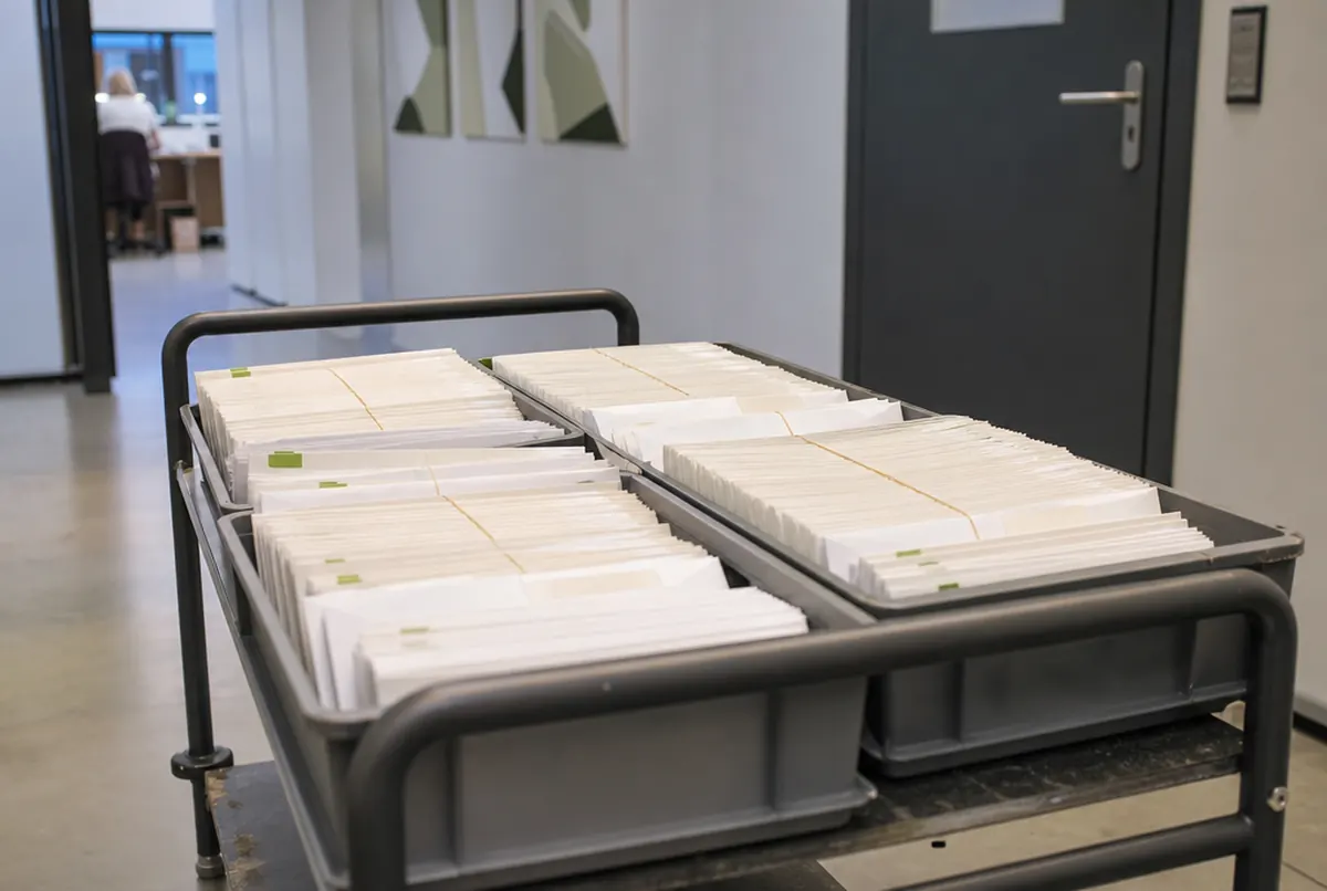 A mailing ready to post: sorted envelopes in mail trays on a trolley