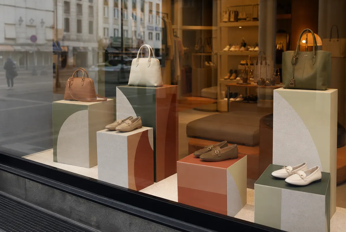 Printed display cubes used as product plinths in a boutique window