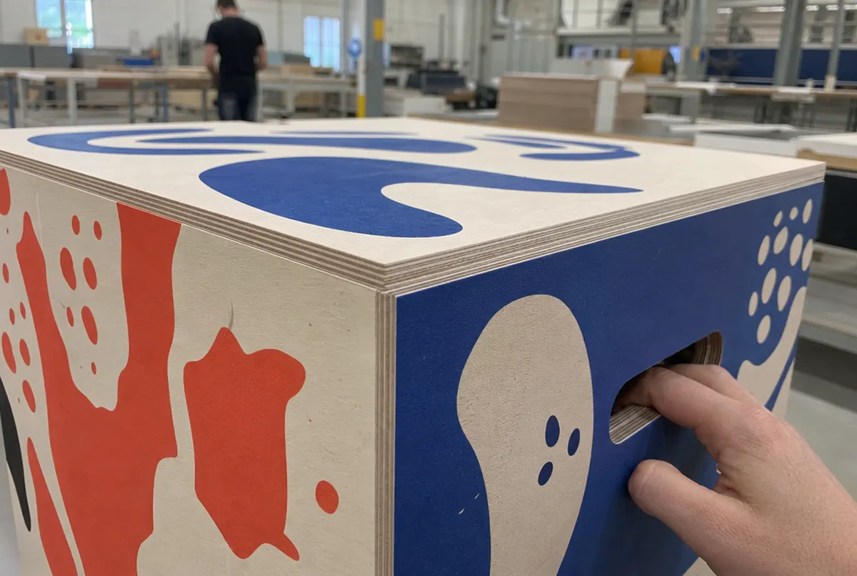 Close-up of a honeycomb board cube corner with different prints per side and a hand grip