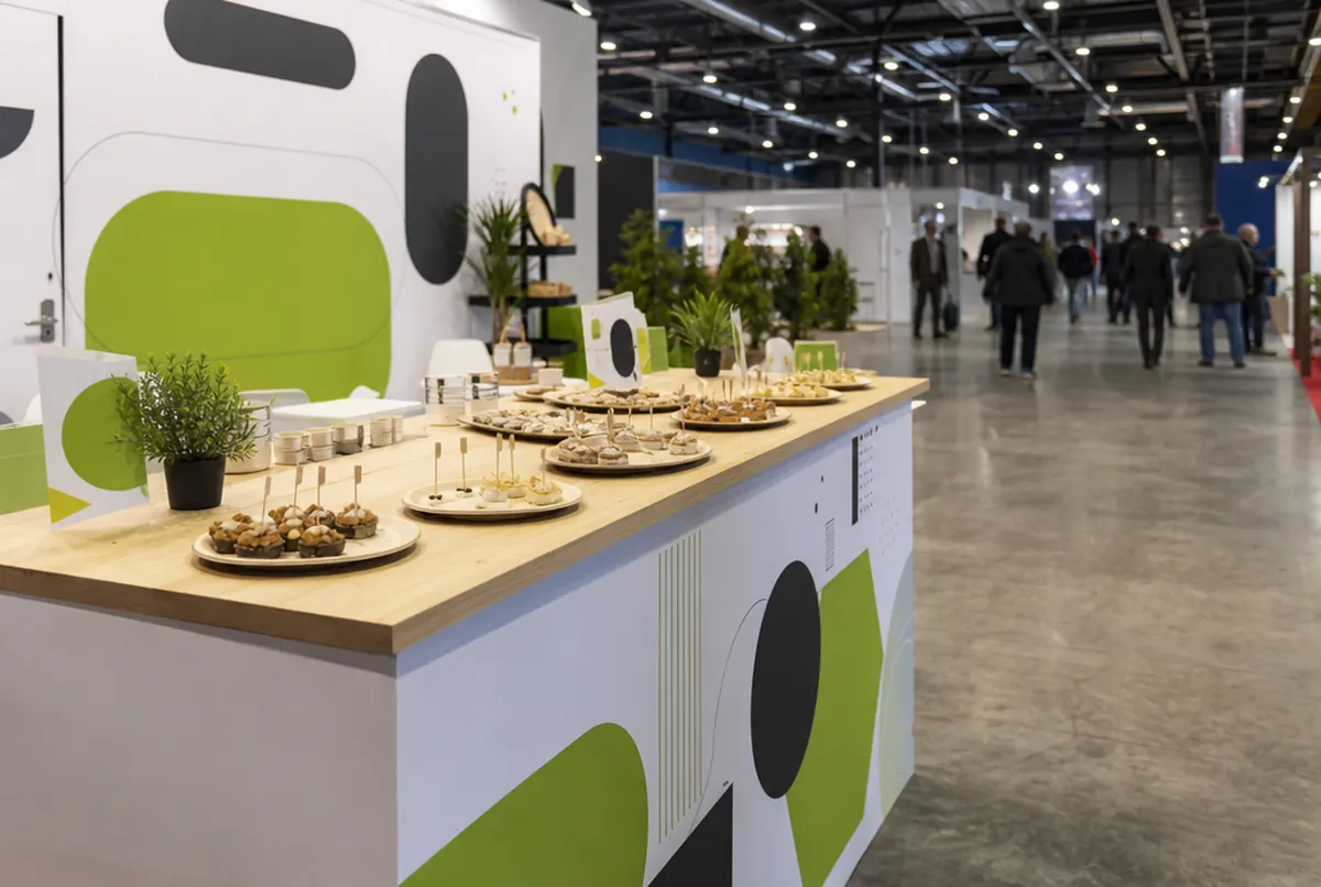 Printed promotional table with a plywood top during a tasting at a trade fair stand