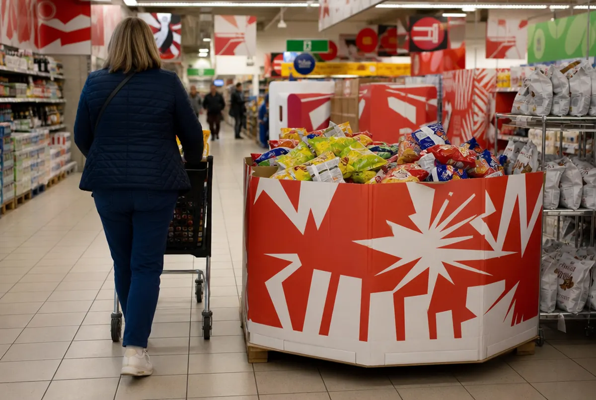 Octagonal printed cardboard dump bin full of snacks in a promotional aisle