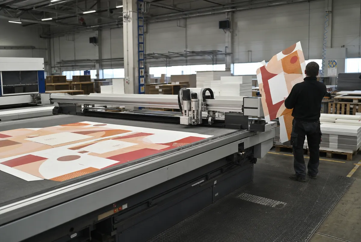A cutting table cuts and creases a dump bin blank from printed corrugated board
