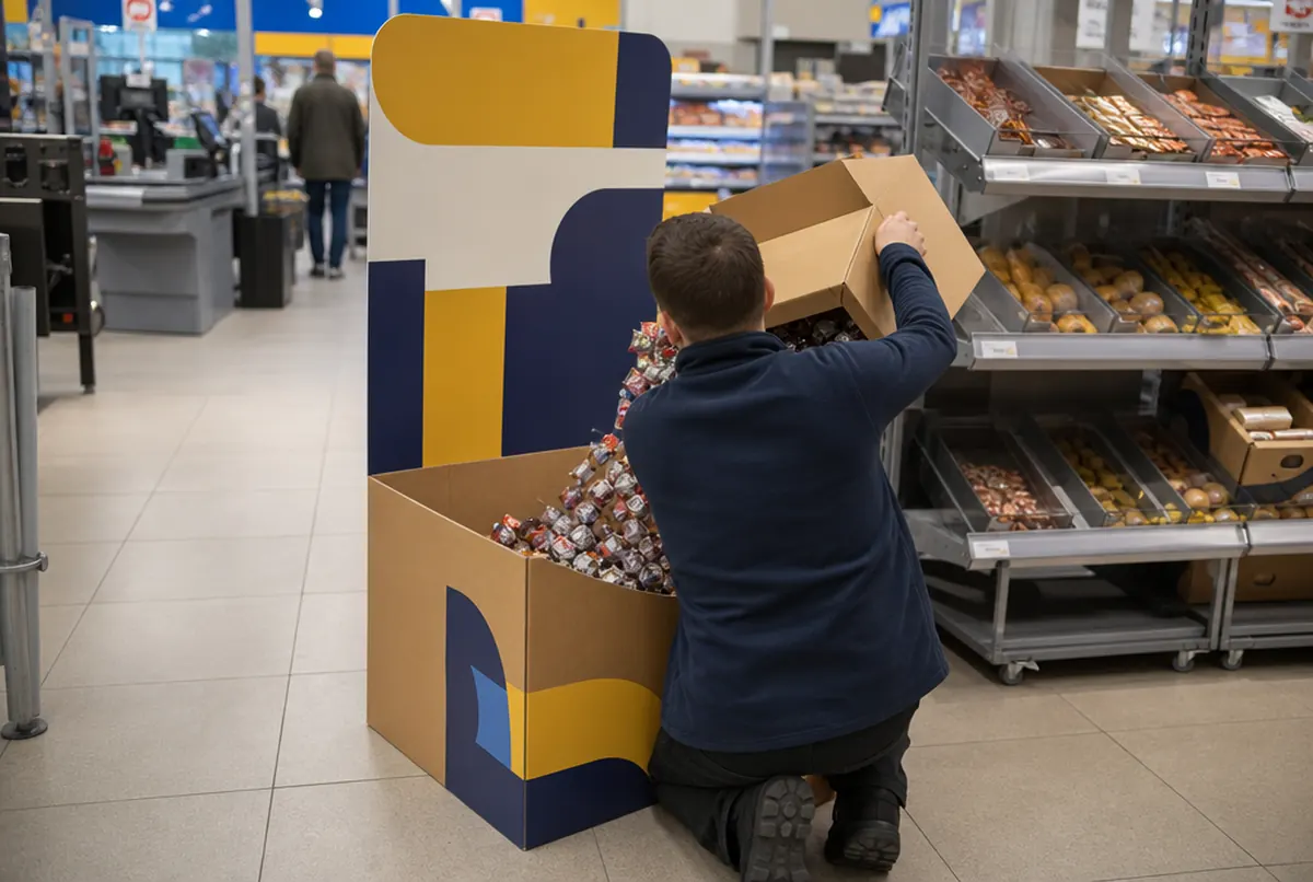 Store employee assembling a dump bin with header near the checkouts, no glue needed
