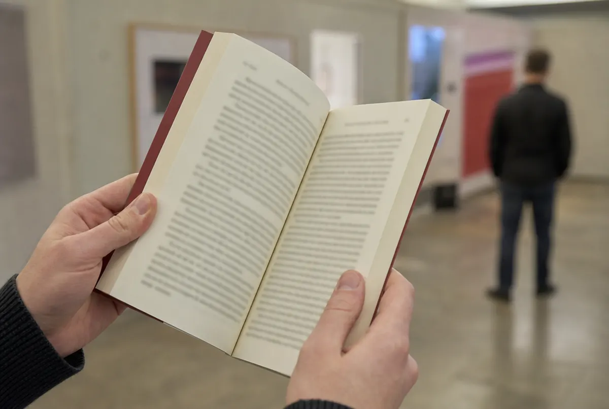 Primer plano de un libro abierto en papel crema con encuadernación encolada