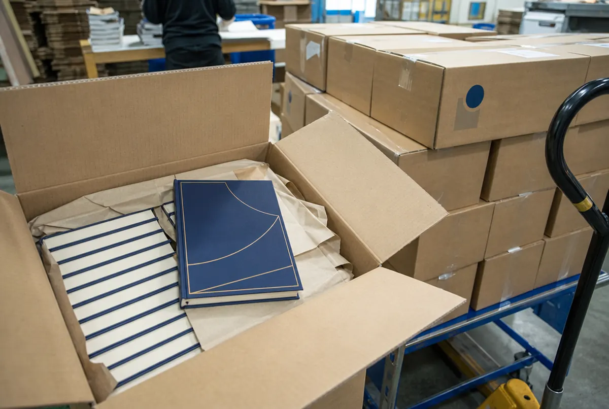 Ejemplares de libros embalados en cajas de cartón antes del envío al cliente