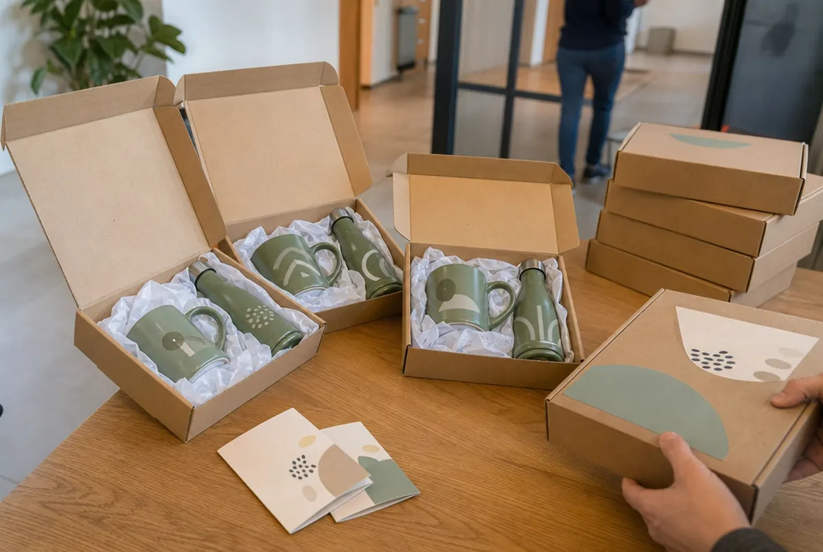 Welcome gift boxes with a printed mug and steel bottle in kraft cardboard packaging