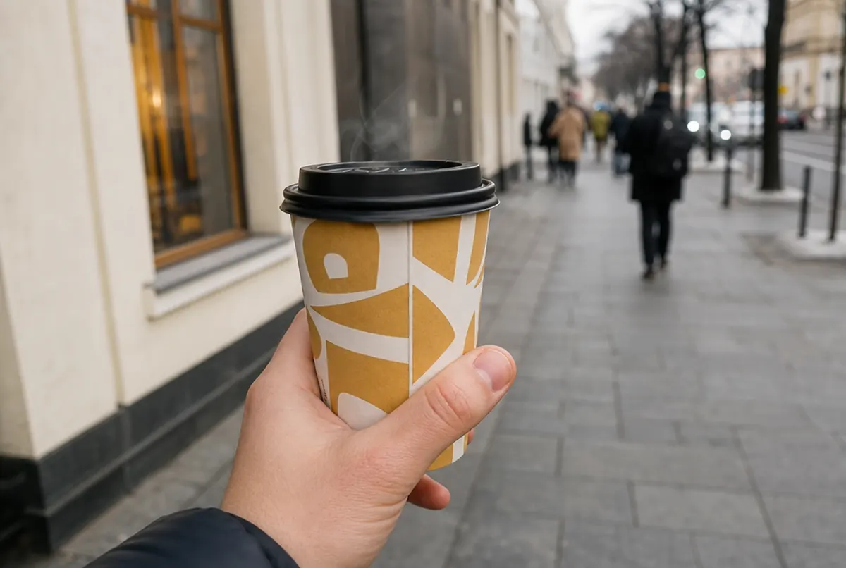 Gros plan d'un gobelet double paroi imprimé avec couvercle tenu en main