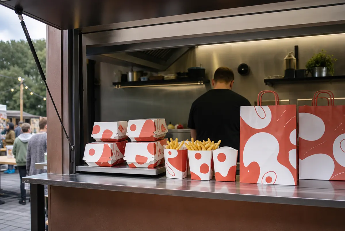 Emballages à emporter imprimés : boîtes burger et cornets de frites au food truck