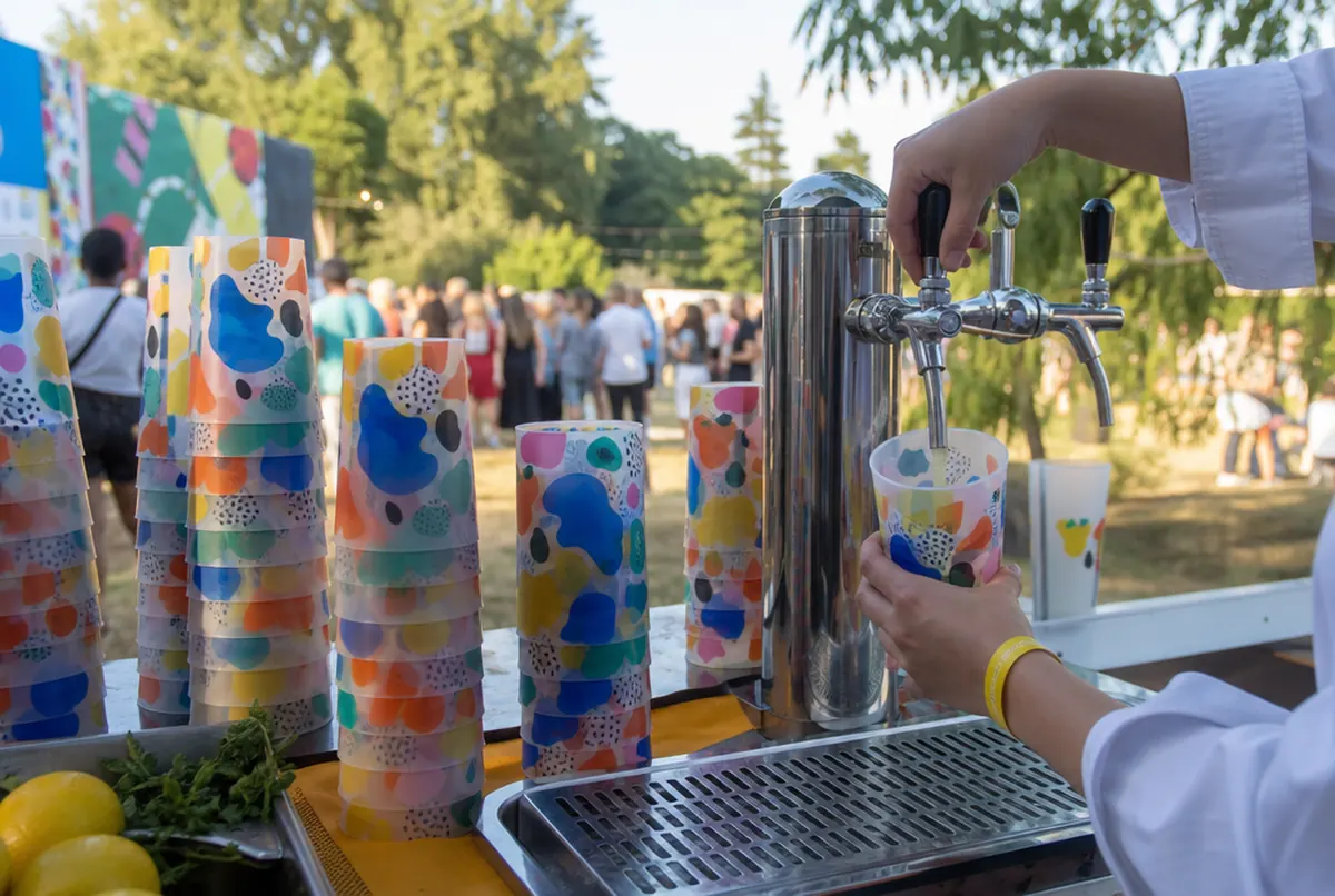 Gobelets réutilisables imprimés au bar d'un festival en plein air