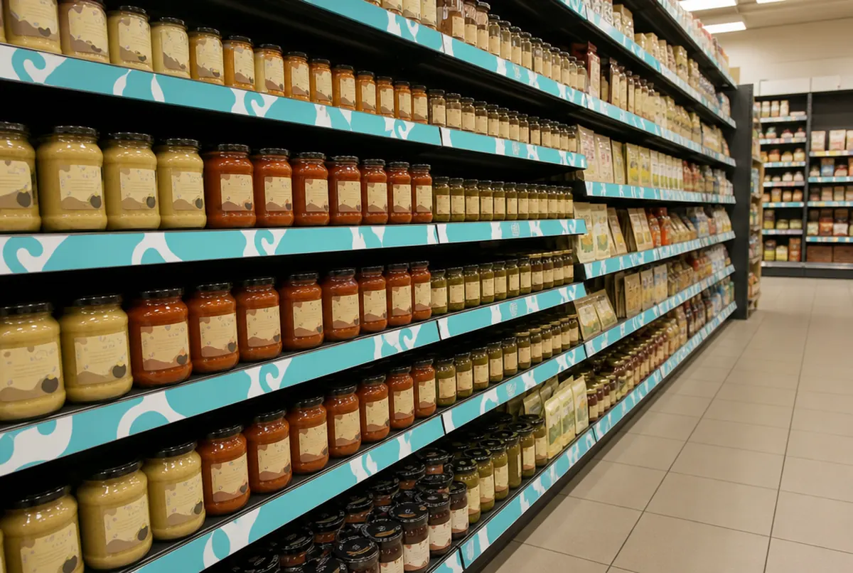 Bedruckte Regalleisten mit türkisen Wellen am Regal im Supermarktgang