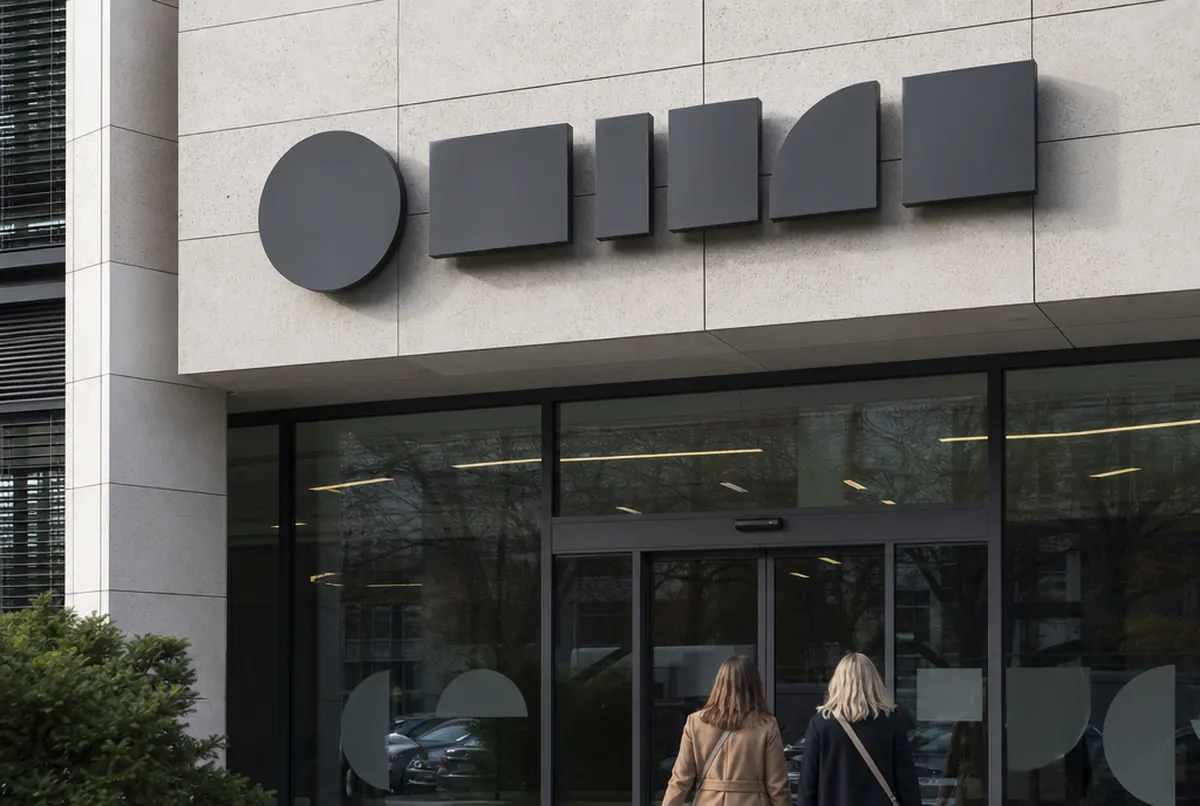 Charcoal 3D letters on standoffs above an office building entrance in daylight