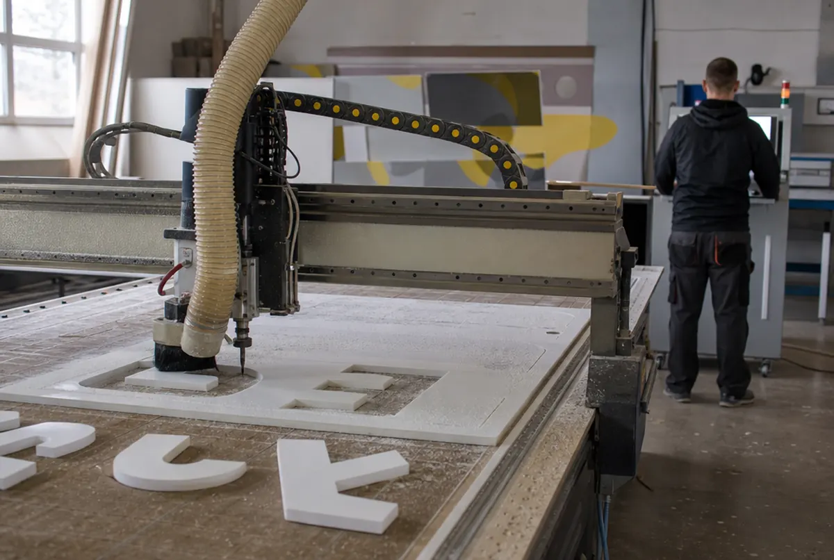 CNC router cutting letter shapes from a PVC board in a sign workshop