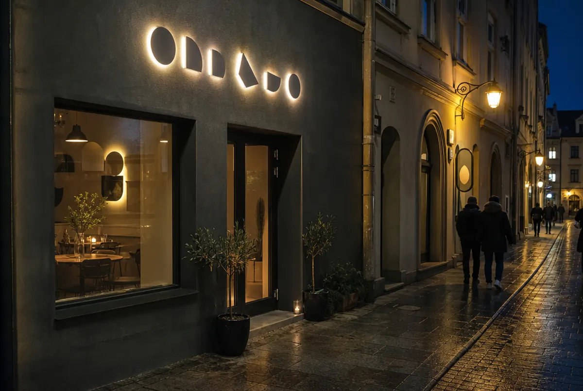 Letras luminosas LED en blanco cálido sobre la entrada de un restaurante de noche