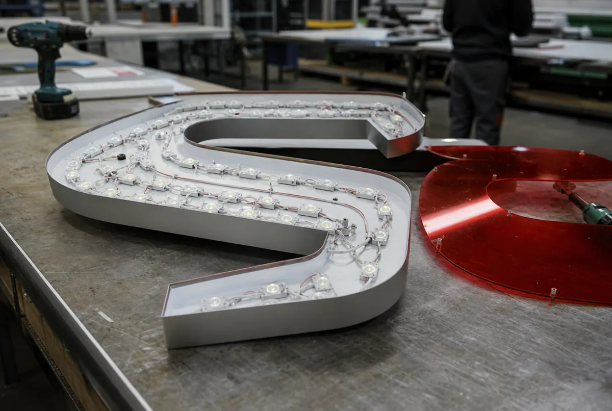 Interior de una letra luminosa: cuerpo de aluminio, módulos LED y frontal rojo