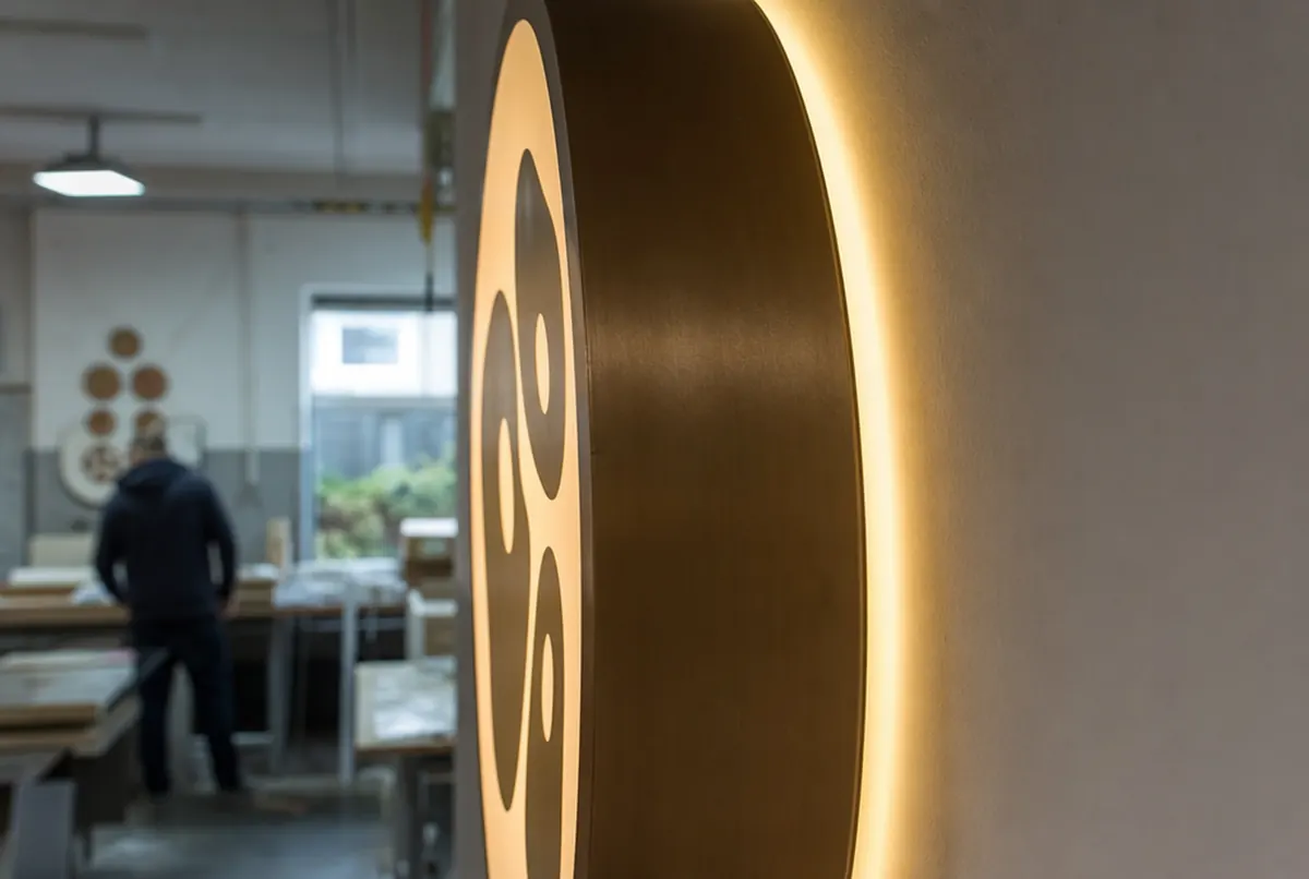 Gros plan d'un corps d'emblème imprimé en 3D bronze, face opale et halo lumineux