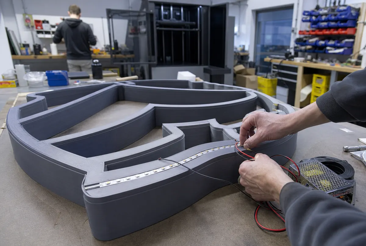 Pose des modules LED dans un corps de logo imprimé en 3D d'une seule pièce