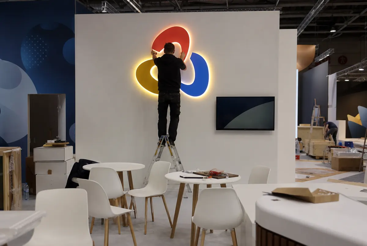 Emblème lumineux multicolore sur le mur d'un stand, monteur sur un escabeau