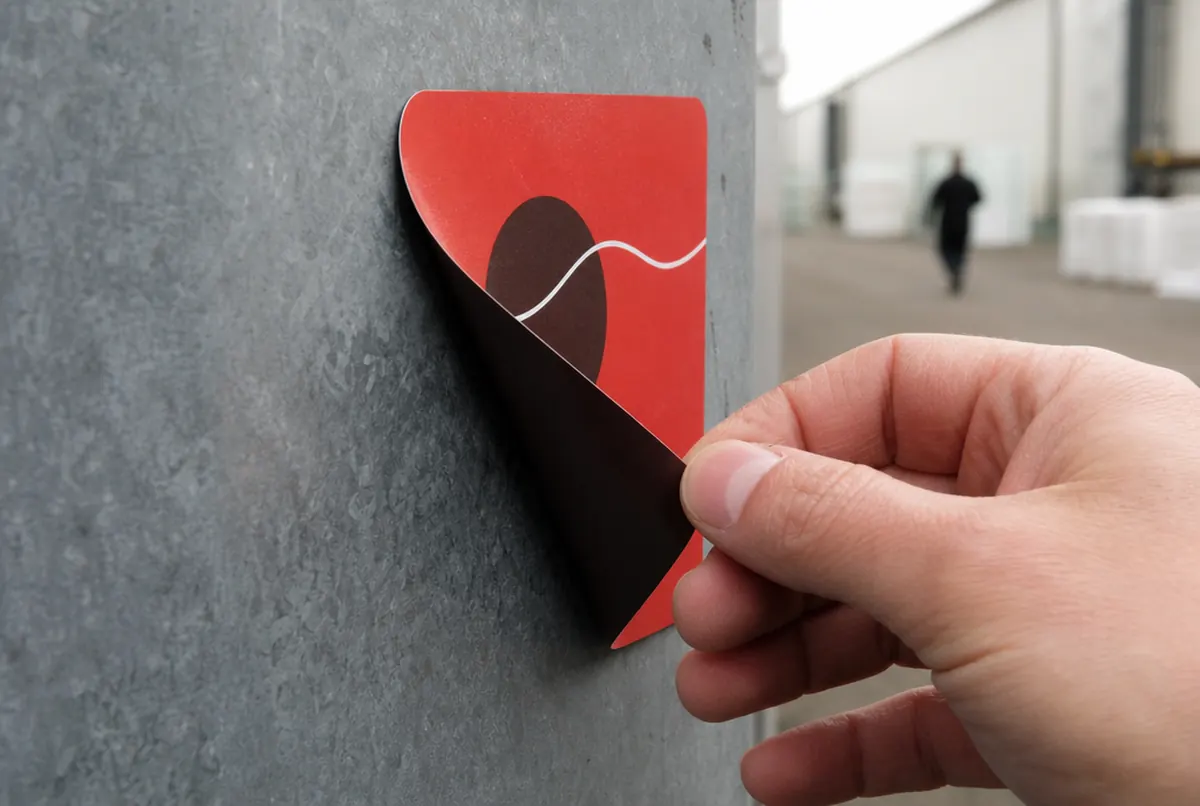 Hand löst flexible Magnetfolie vom Blech, brauner Rücken und runde Ecken sichtbar