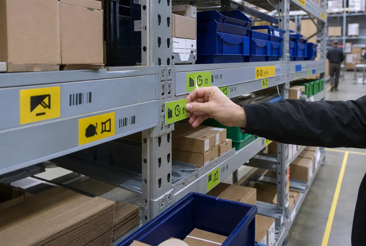 Farbige Magnetetiketten mit Kennzeichnungen an den Traversen von Lagerregalen