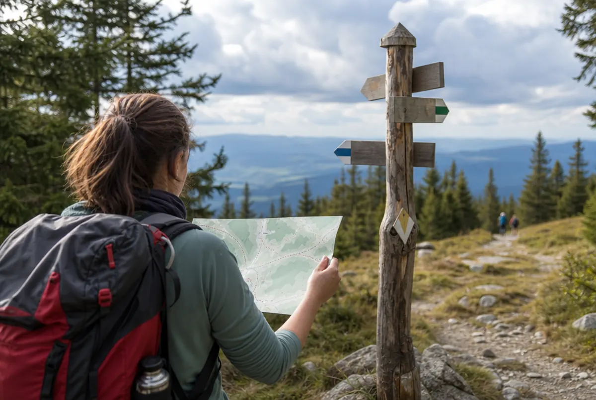 Wanderer auf einem Bergpfad mit einer aufgefalteten Wanderkarte