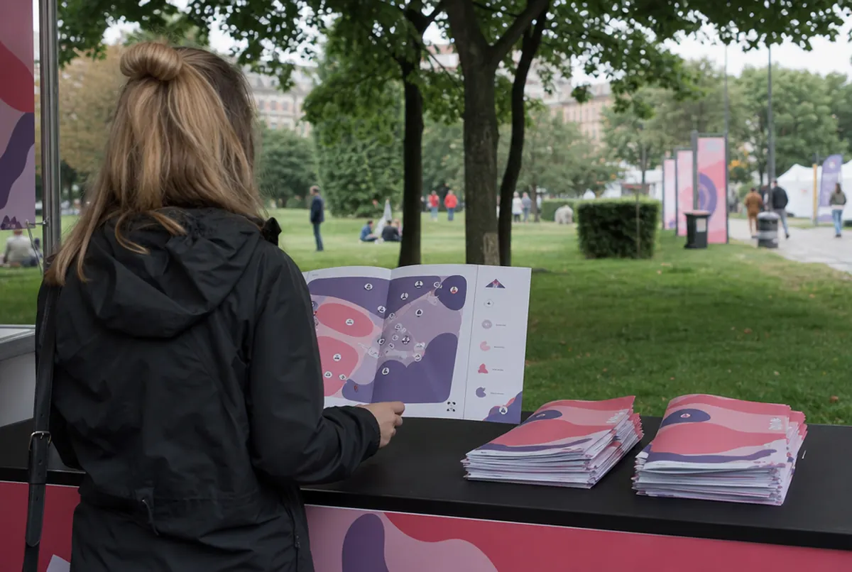 Gefaltete Festivalpläne auf dem Tisch eines Infostands in einem Park