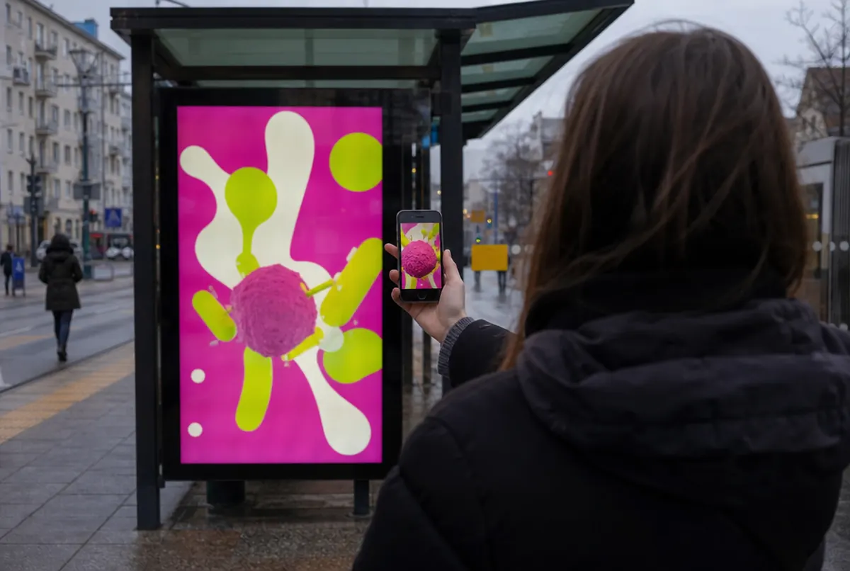 A smartphone shows an AR animation over a bus shelter poster after scanning it