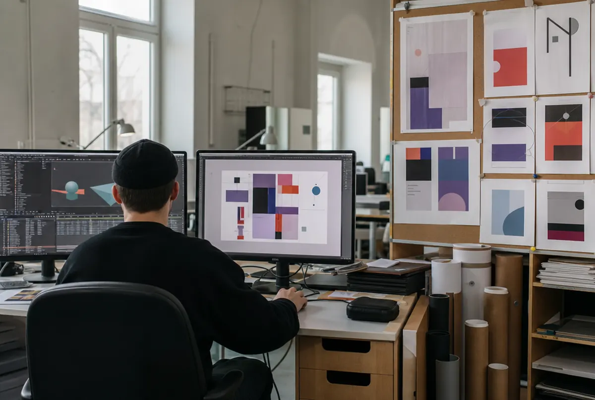 A designer prepares the AR animation and marker poster on two monitors in the studio