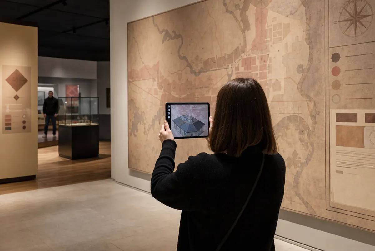 A visitor points a tablet at a museum panel and sees a 3D model in augmented reality