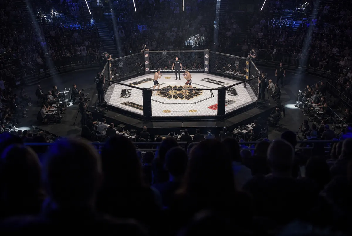 Tapis d'octogone imprimé avec emblème central lors d'un gala de MMA, vue plongeante