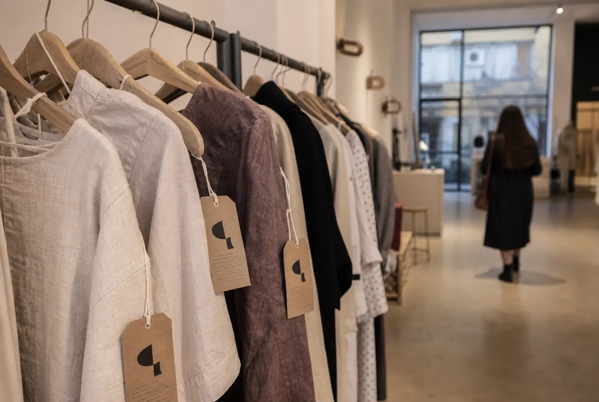 Étiquettes kraft sur ficelle accrochées aux vêtements d'une boutique