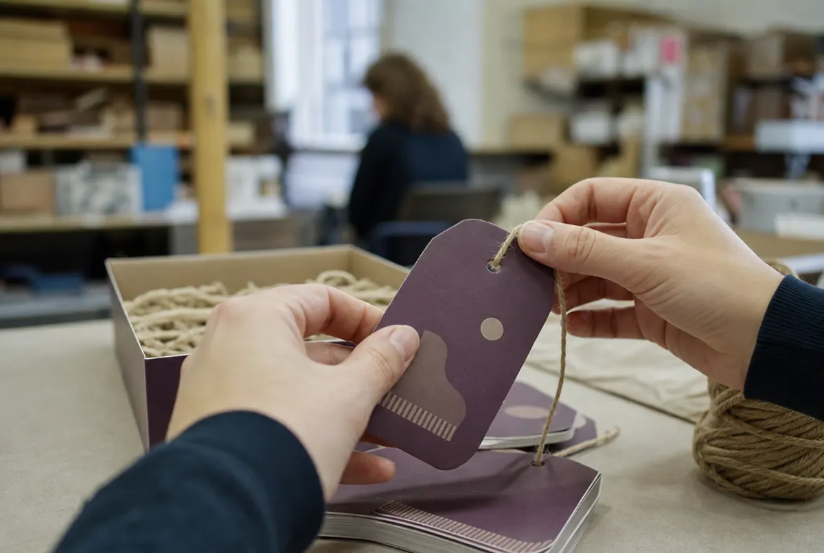 Gros plan d'une étiquette à coins arrondis, perforée, avec ficelle