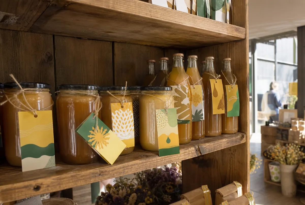 Étiquettes de col sur pots de miel et bouteilles de jus dans une épicerie locale
