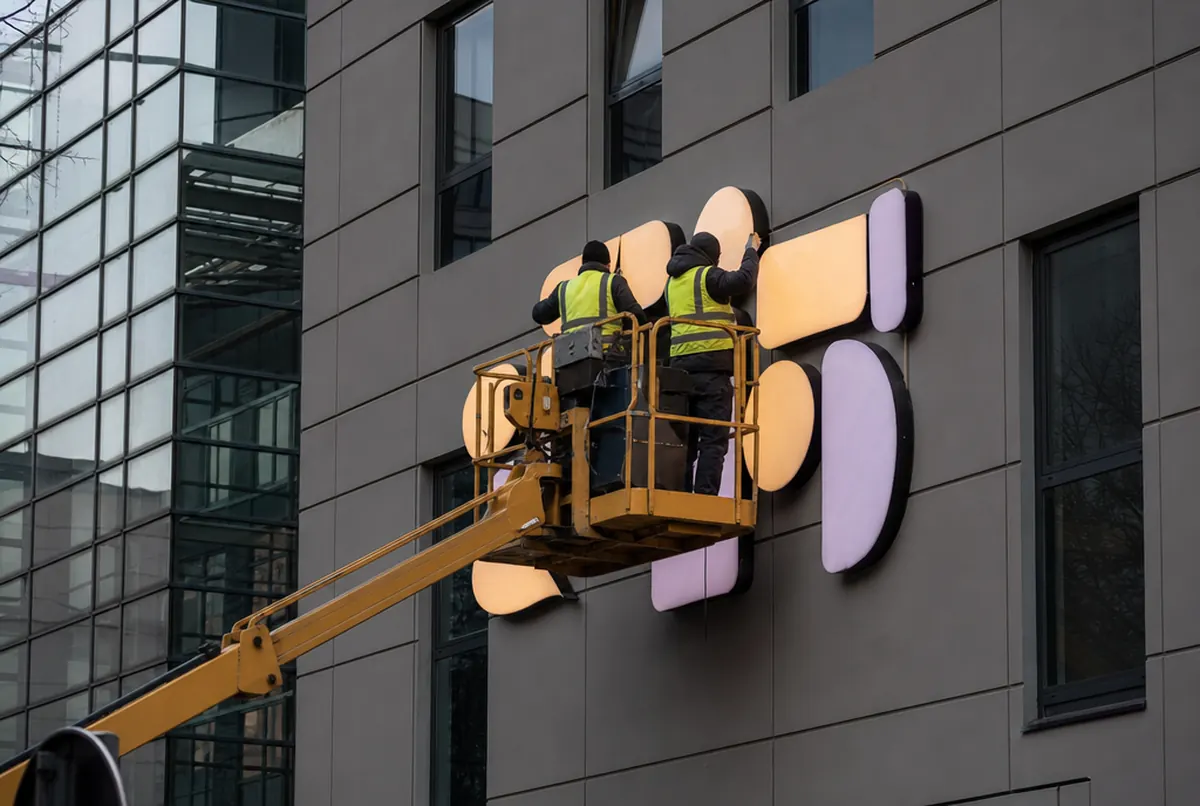 Équipe de pose en nacelle installant des éléments lumineux sur une façade de bureaux