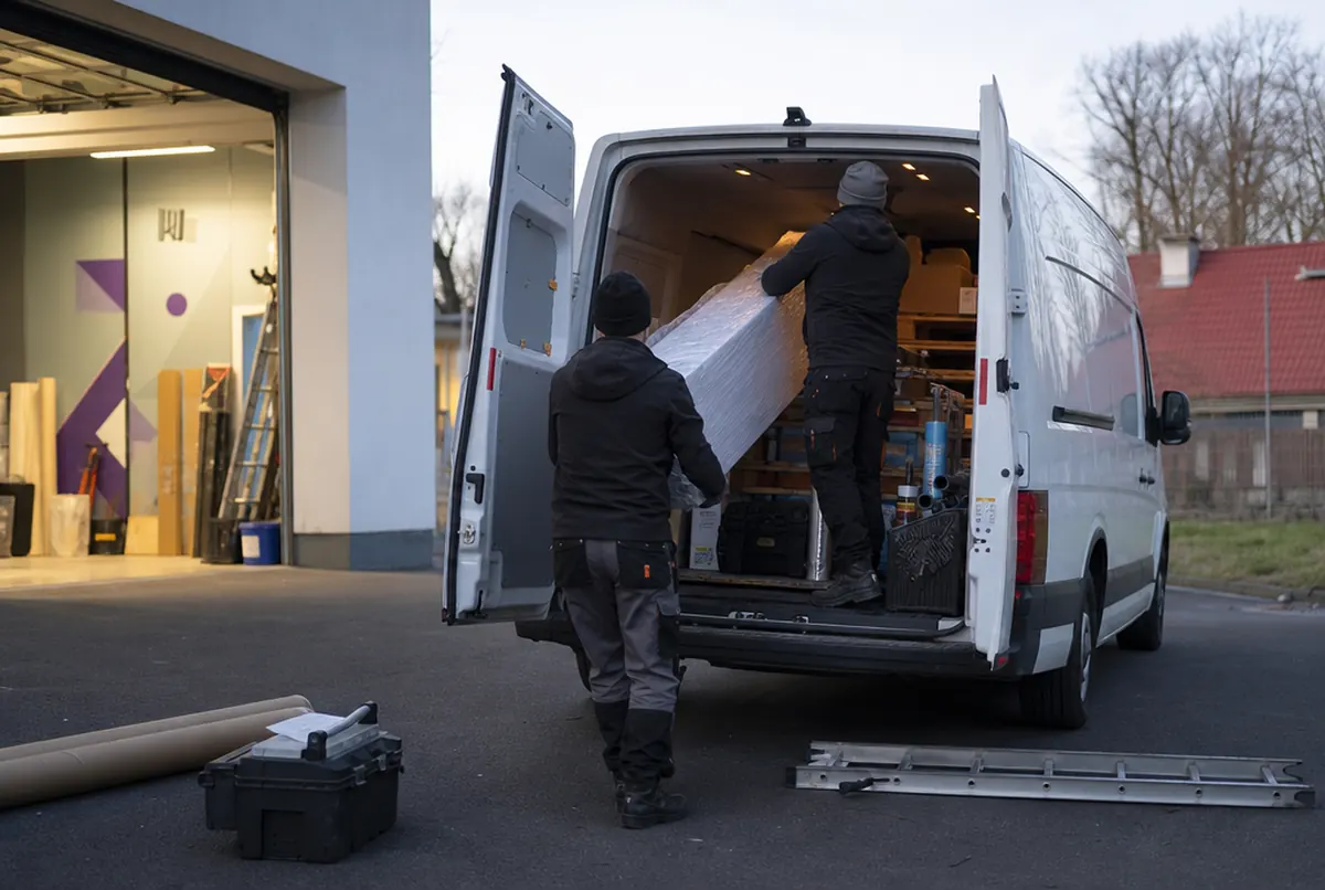 L'équipe charge caissons, visuels et outils dans la camionnette avant une pose