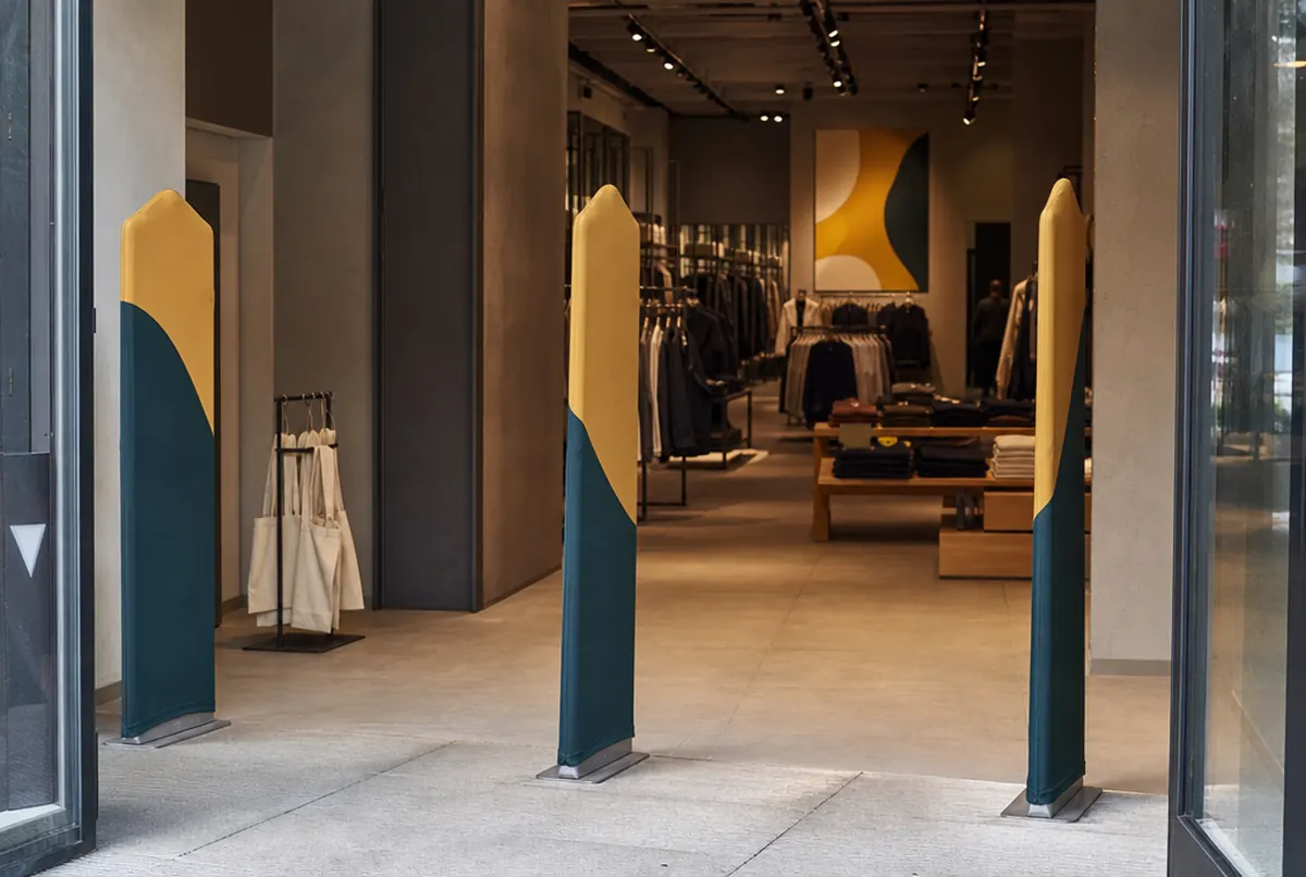 Security gates dressed in printed stretch fabric covers in a clothing store