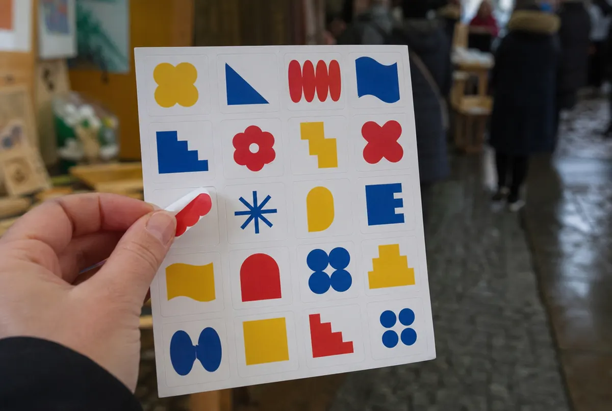 Hand holding an A5 sheet of individually kiss-cut icon stickers, one lifted