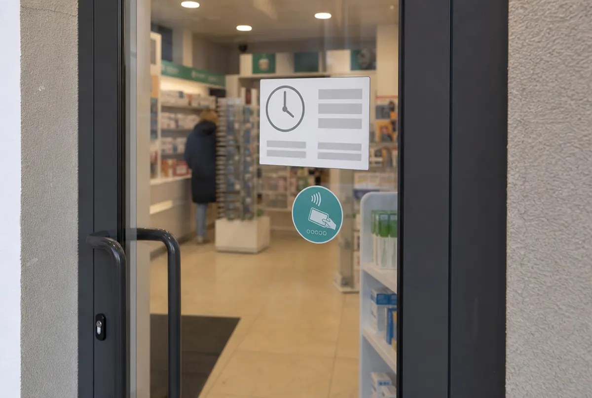 Aufkleber mit Uhrpiktogramm und runder Infoaufkleber an einer Glastür