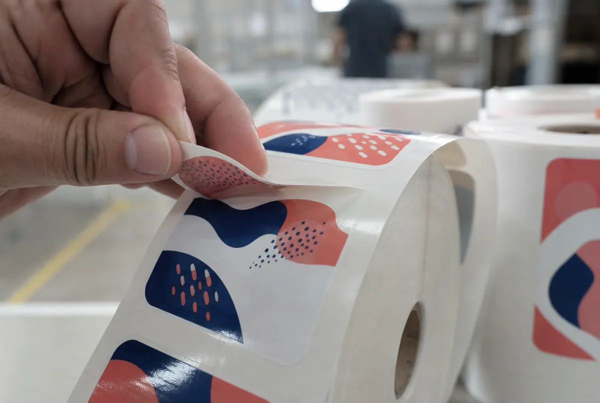 Fingertip peeling a kiss-cut sticker off its liner, showing a clean contour cut