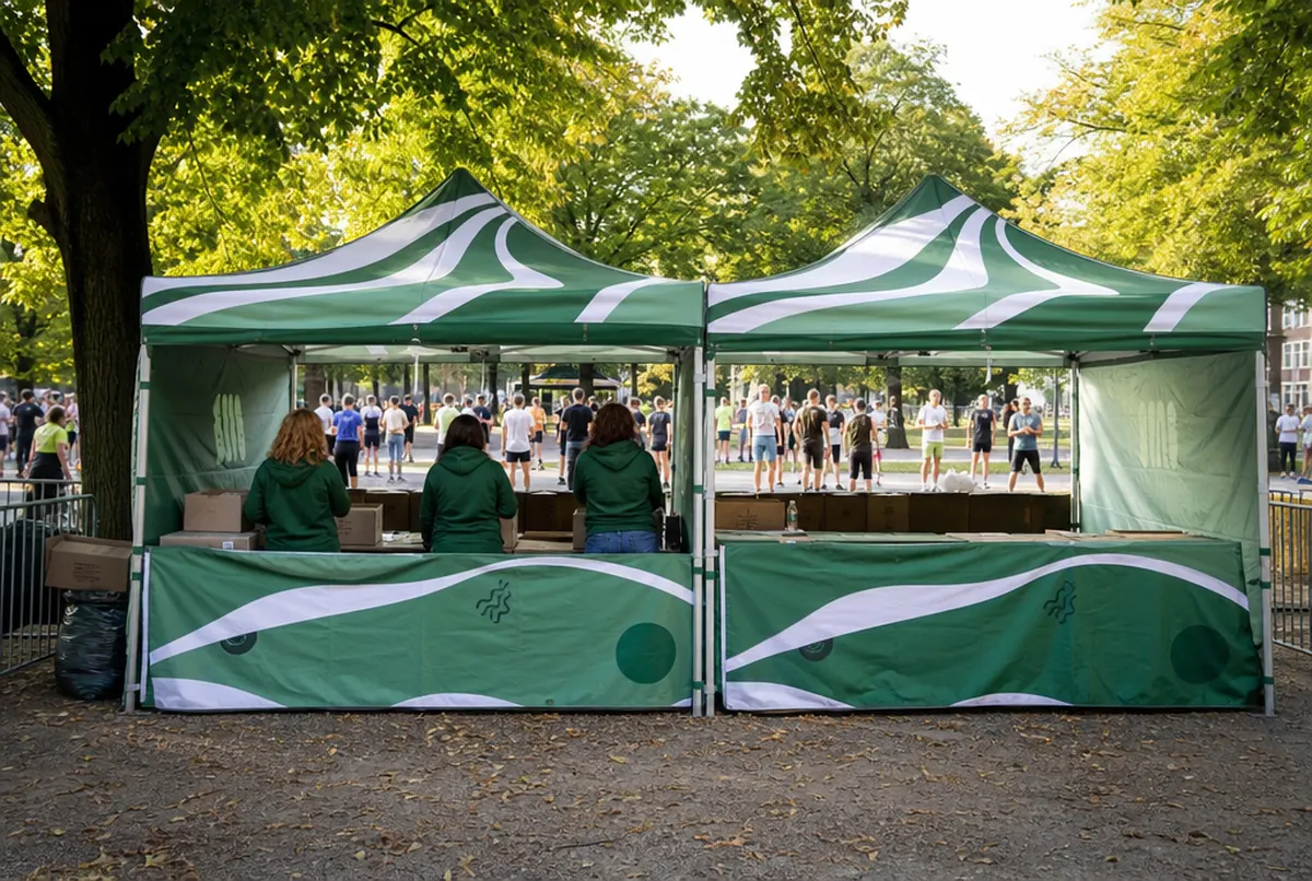 Bedruckte Faltpavillons als Startnummernausgabe bei einem Halbmarathon