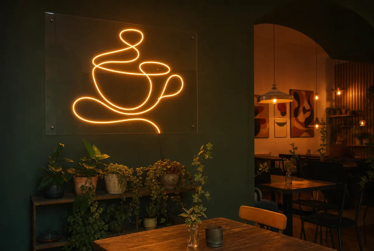 Amber LED flex neon of a coffee cup on clear acrylic, on a green café wall