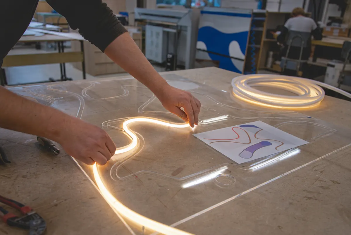 Hands pressing LED flex tube into a groove milled in acrylic while making a neon
